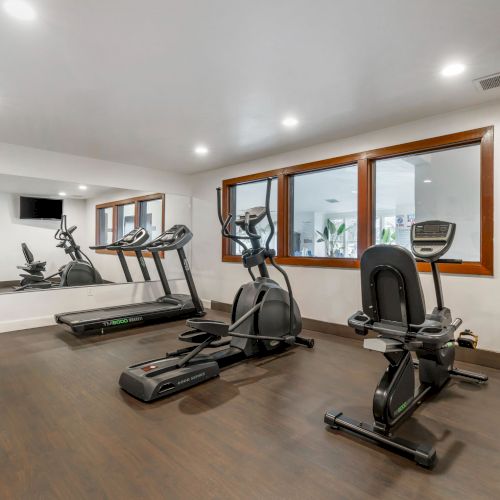 This image shows an indoor gym with a treadmill, elliptical, recumbent bike, large mirrors, wood flooring, and a wall-mounted TV.