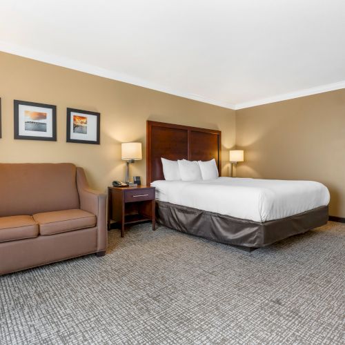 The image shows a hotel room with a bed, nightstands, lamps, a brown sofa, and framed art on the wall above the sofa.