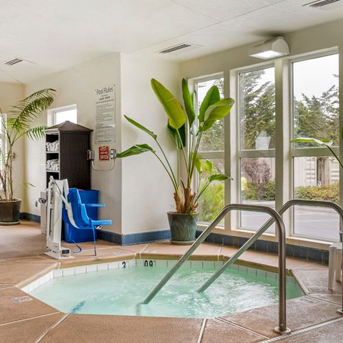 This image shows an indoor pool area with a small hot tub, seating, tropical plants, and large windows providing natural light.