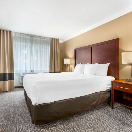 A hotel room with a neatly made bed, nightstand, and two lamps by the window with closed curtains and a beige carpeted floor.