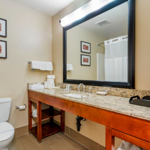 This image shows a bathroom with a toilet, a long countertop with a sink, a large mirror, a towel rack, and framed artwork on the wall.