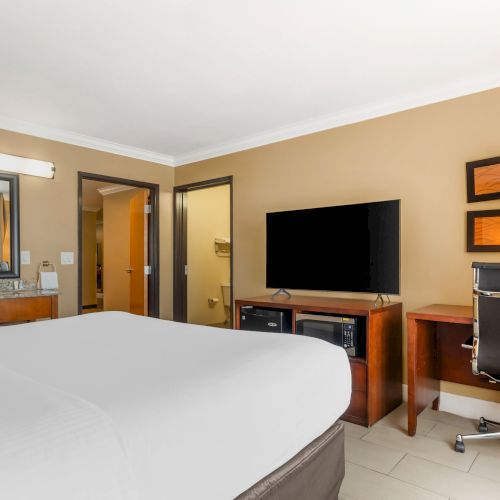 This image shows a hotel room with a bed, a wall-mounted TV on a wooden dresser, a desk and chair, a bathroom sink, and wall decor.