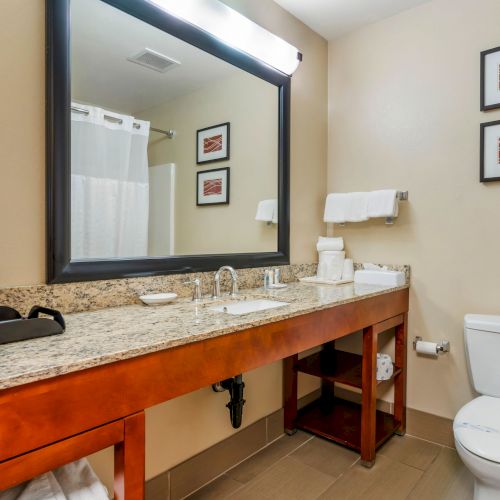 A modern bathroom with a large mirror, double sink, wooden countertop, toilet, and a partially visible shower with a curtain, ending the sentence.