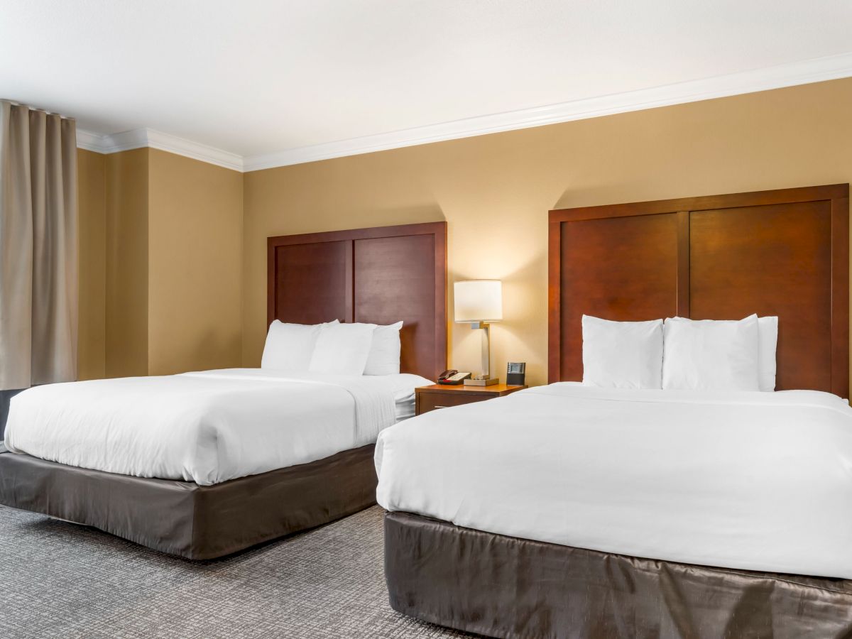 A tidy hotel room featuring two double beds with white bedding, a bedside table with a lamp, and muted curtains by the window, ending the sentence.